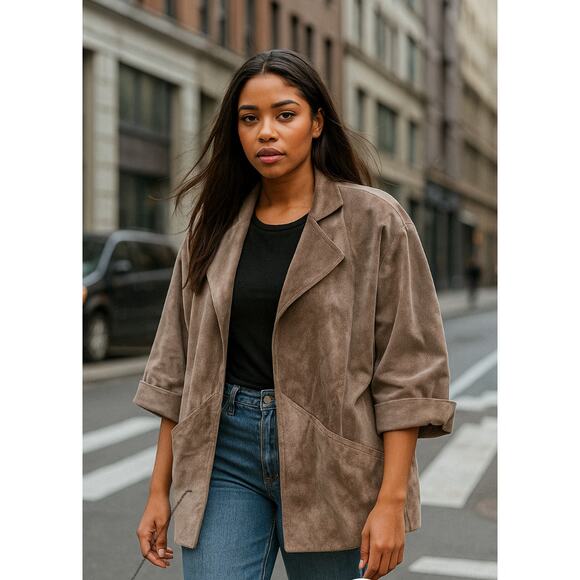 Vintage Genuine‎ Suede Oversized Jacket Karen Marie 3/4 Sleeve Woamns Size M/L - Picture 1 of 9